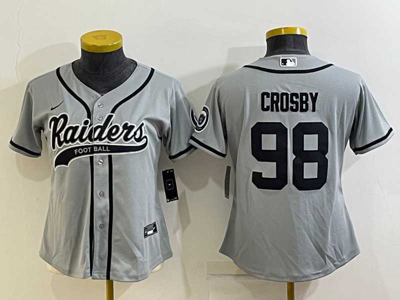 Women%27s Las Vegas Raiders #98 Maxx Crosby Grey With Patch Cool Base Stitched Baseball Jersey